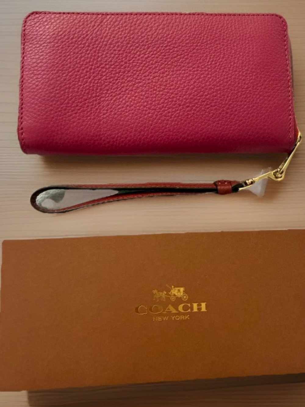 Coach Long Zip Horse & Carriage Pebbled Leather Colorblock Wallet, Red/Pink - Picture 2 of 9
